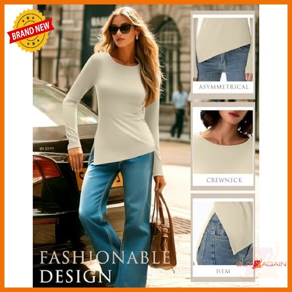 3 Pack Long Sleeve Asymmetrical Tops Ruched Slit Fitted Tees Women - Picture 6 of 8